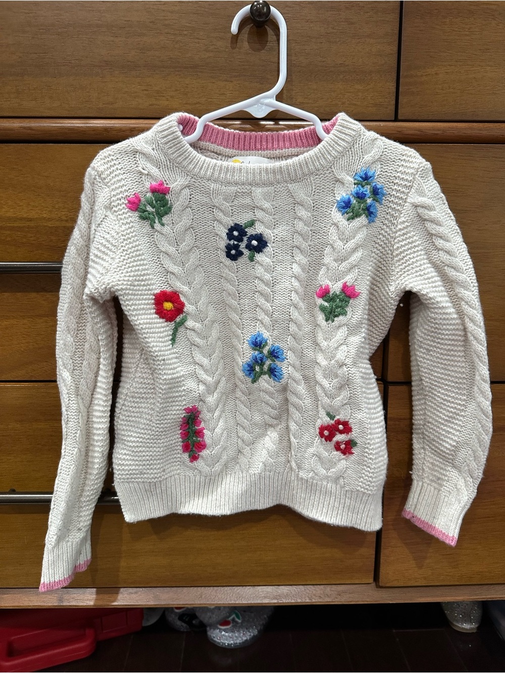 Mini Boden Cream Cable Knit Sweater with Embroidered Floral Accents